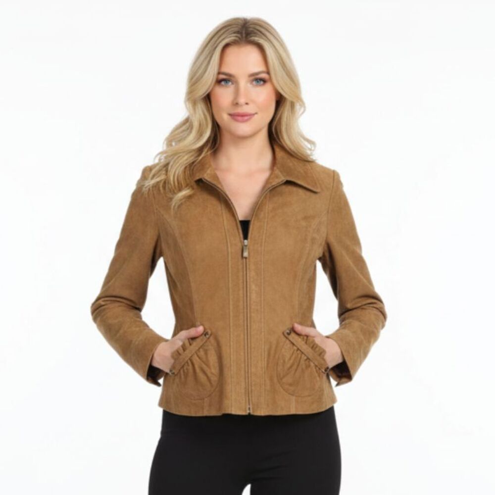 David Meister Brown 100% Leather Long Sleeve Zip Jacket 10